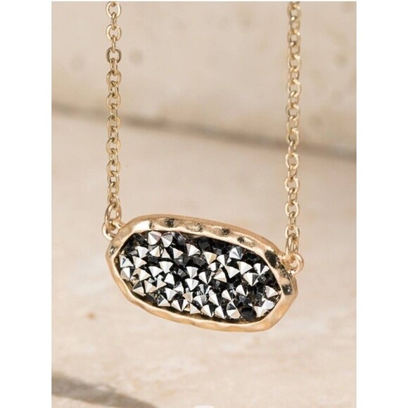 Oval Hematite Glitter Pendant Necklace, Gold-Tone, NWT - Picture 1 of 8